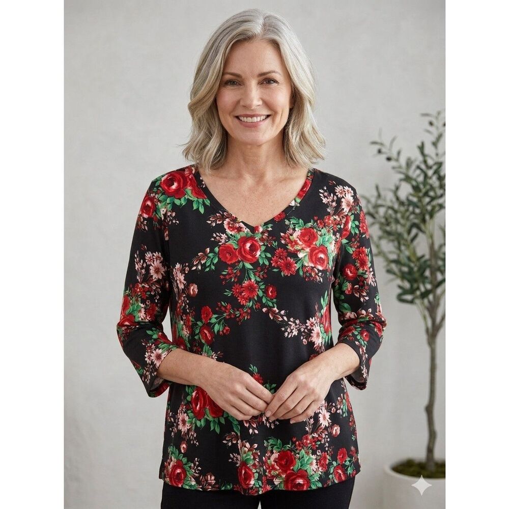 Pioneer Woman Floral Top V Neck Soft Stretch Knit Blouse 3/4 Sleeve Red Black XL